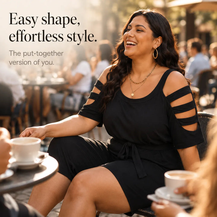Curvella – Cold-Shoulder Belted Romper with Tie Waist &amp; Pockets