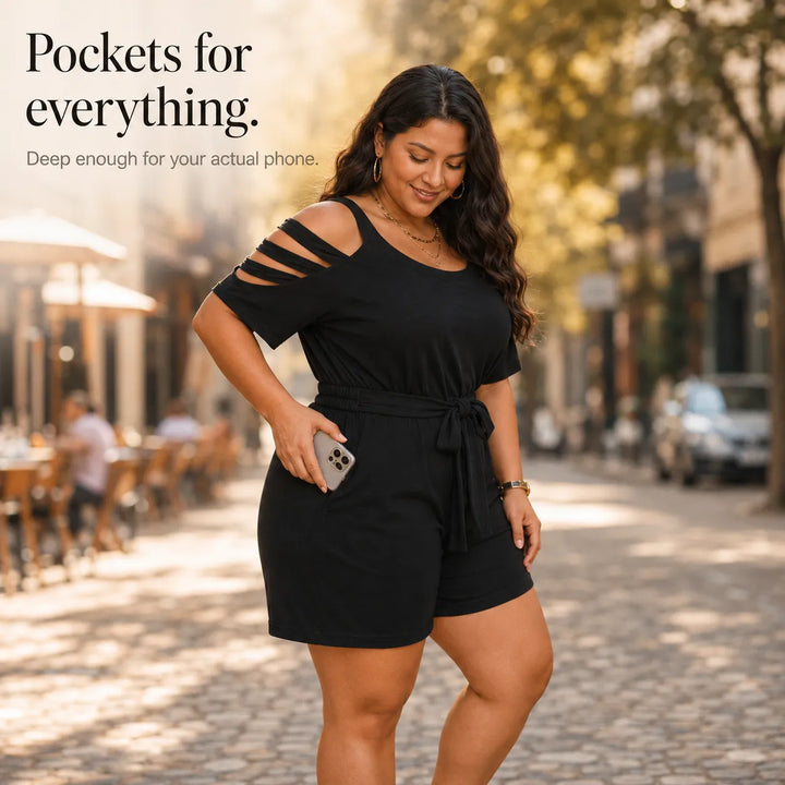 Curvella – Cold-Shoulder Belted Romper with Tie Waist &amp; Pockets