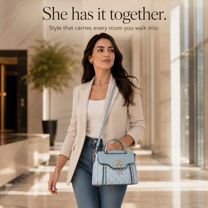 Velora – Swan-Clasp Structured Crossbody Bag with Gold Hardware