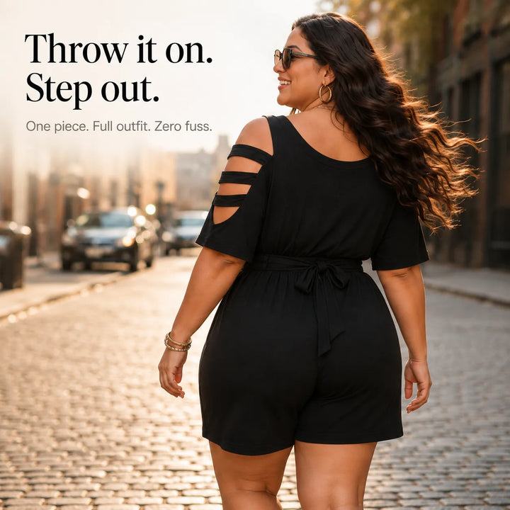 Curvella – Cold-Shoulder Belted Romper with Tie Waist &amp; Pockets