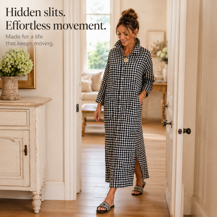 Harlowe™ – Gingham Button-Front Maxi Shirt Dress with Side Slits