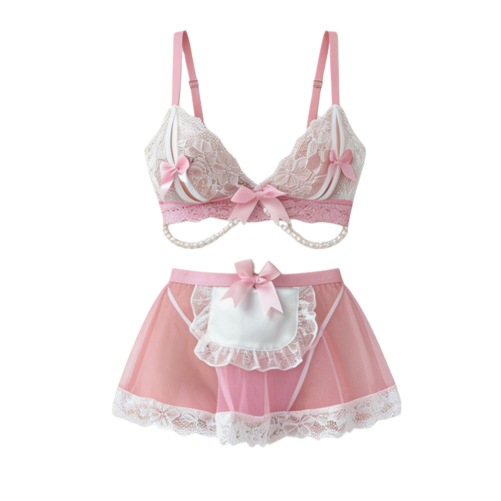 Ravelle – Lace Maid Lingerie Set with Pearl Chain