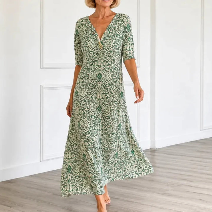 Florenza – Vintage Paisley V-Neck A-Line Maxi Dress with Half Sleeves