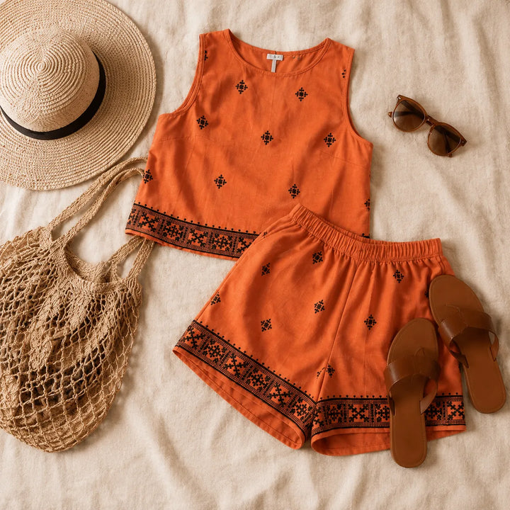 Solara – Embroidered Border Boho Two-Piece Set, Sleeveless Top &amp; High-Waisted Shorts