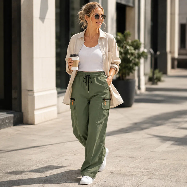 Solene – Wide-Leg Drawstring Cargo Pants with Pockets