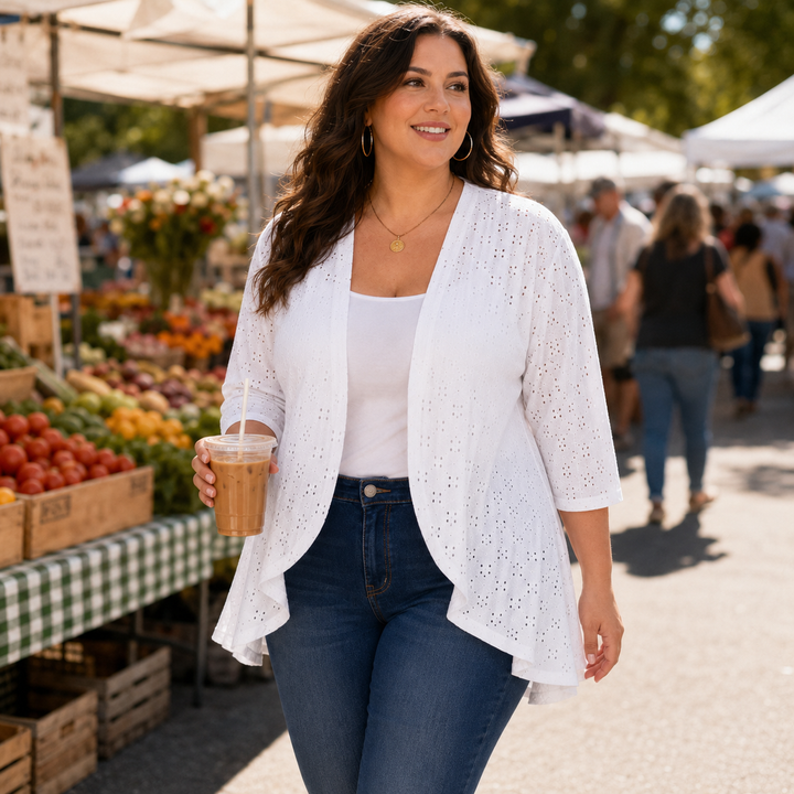Veluna – Lightweight Eyelet Open-Front Cardigan for Women, 3/4 Sleeve Ruffle Hem Summer Layer