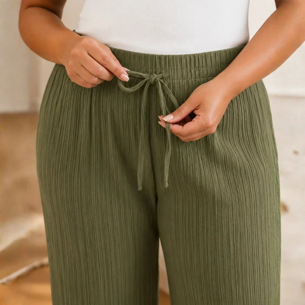 Velora – Ribbed Wide-Leg Capri Pants with Drawstring Waist &amp; Side Slit, Plus Size 1XL–5XL