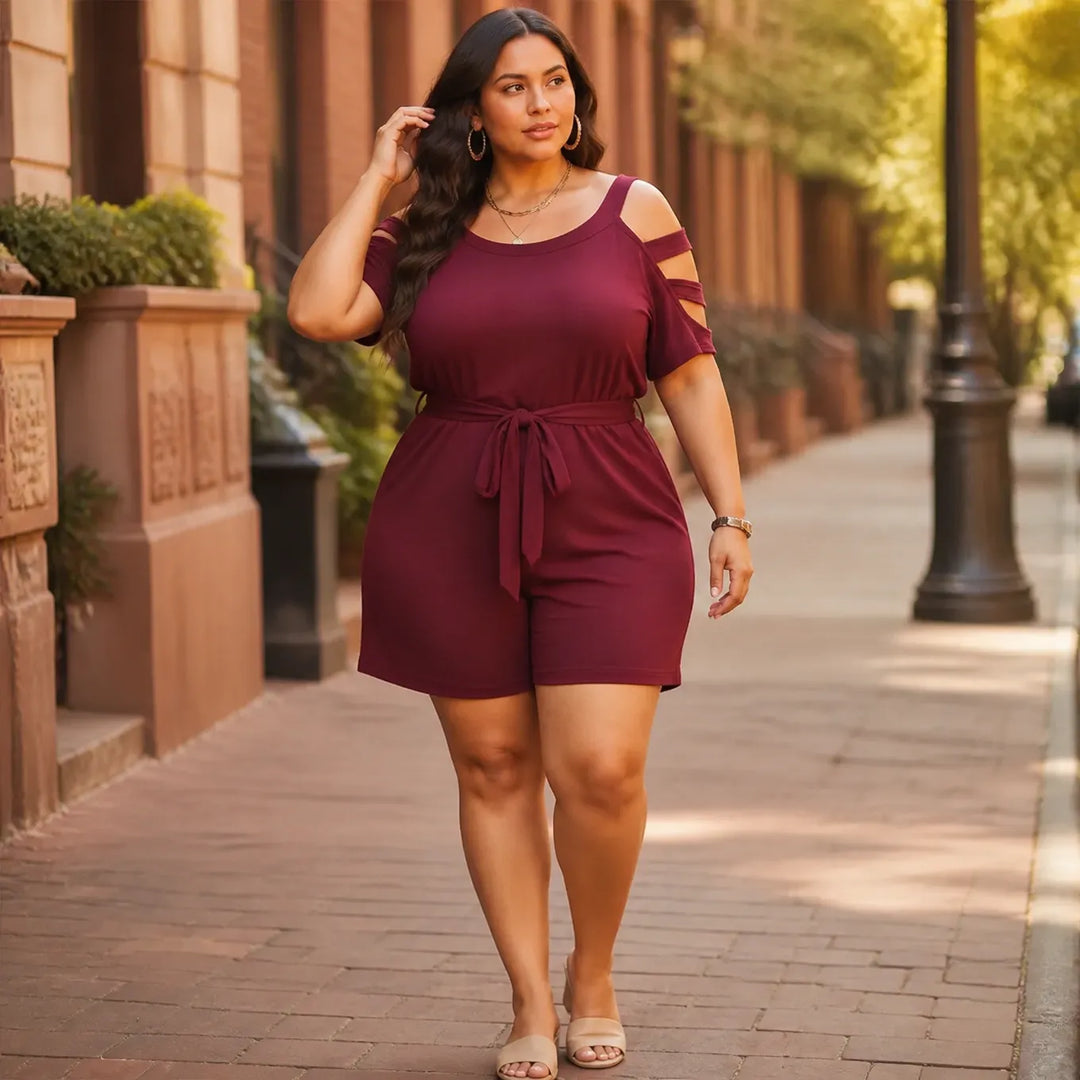 Curvella – Cold-Shoulder Belted Romper with Tie Waist &amp; Pockets