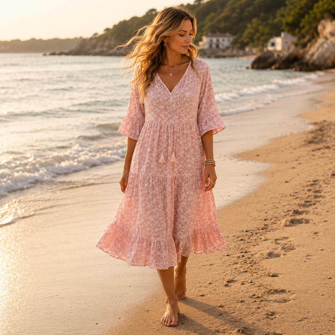 Marivelle – Floral Tiered Midi Dress with V-Neck Tie