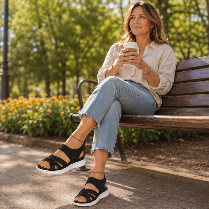 Veluna™ – Cushioned Stretch Knit Cross Strap Sandals for Women
