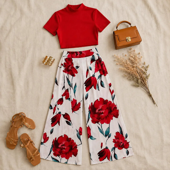 Florenza – Fitted Crop Top &amp; Wide Leg Pants Two Piece Set for Women