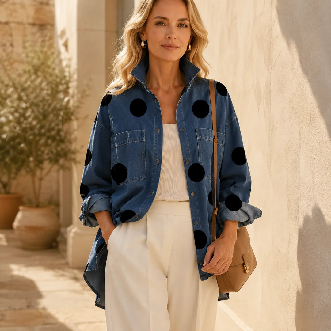 Marevelle – Oversized Polka Dot Denim Shirt with Stand Collar