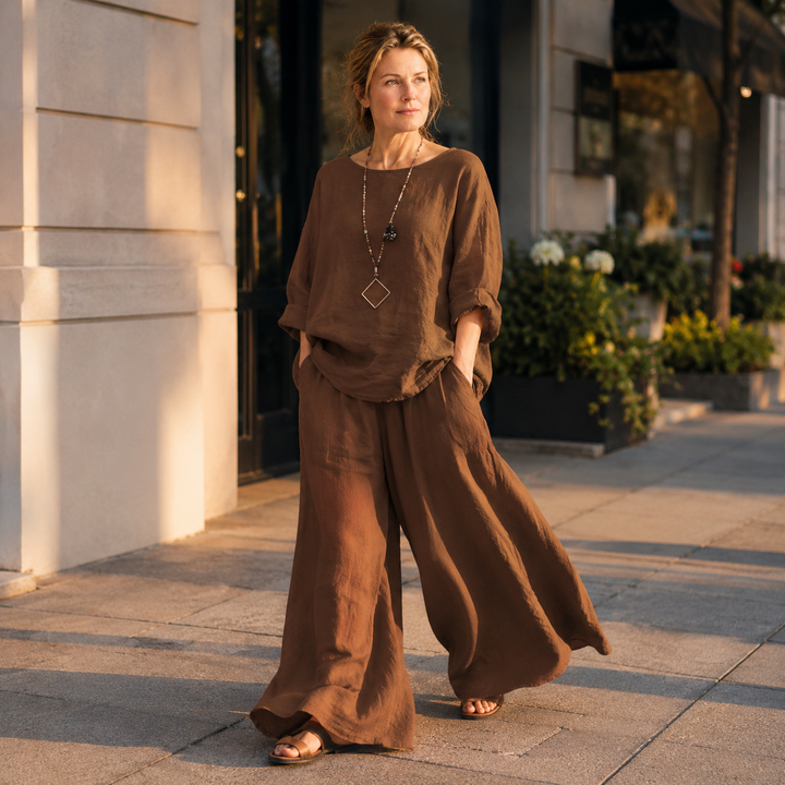 Lunavia™ – Oversized Cotton-Linen Two-Piece Set with Wide-Leg Pants