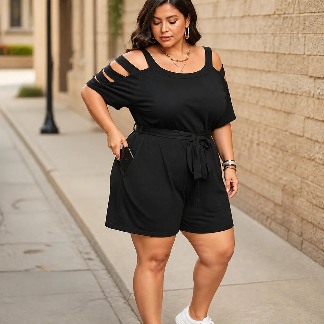 Curvella – Cold-Shoulder Belted Romper with Tie Waist &amp; Pockets