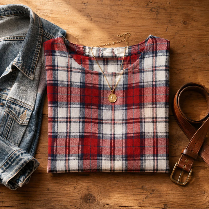 Wrenfield – Plaid Round Neck Blouse with Cuffed Sleeves
