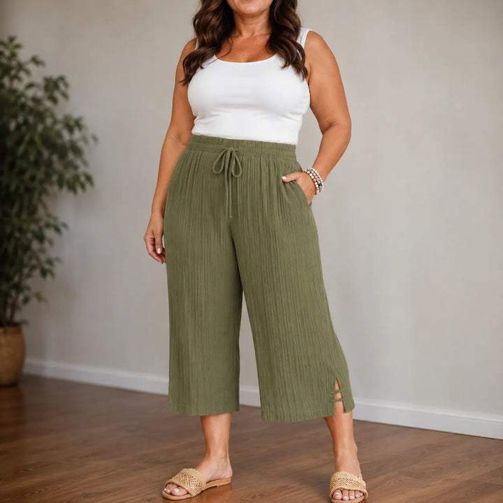 Velora – Ribbed Wide-Leg Capri Pants with Drawstring Waist &amp; Side Slit, Plus Size 1XL–5XL
