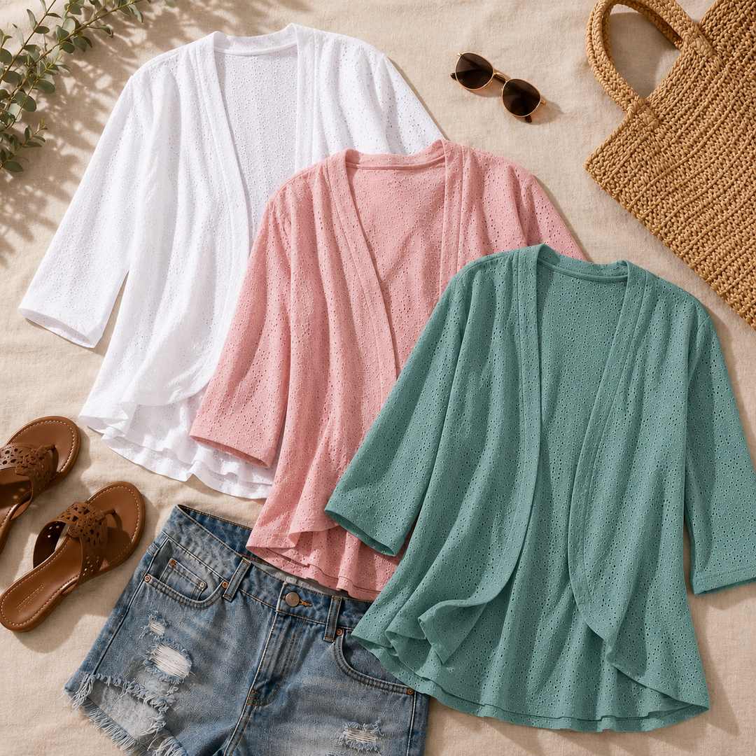 Veluna – Lightweight Eyelet Open-Front Cardigan for Women, 3/4 Sleeve Ruffle Hem Summer Layer