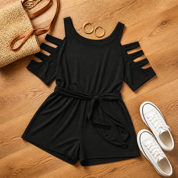Curvella – Cold-Shoulder Belted Romper with Tie Waist &amp; Pockets