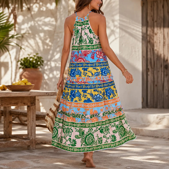 Soleva – Bold Floral Print Halter Maxi Dress for Women