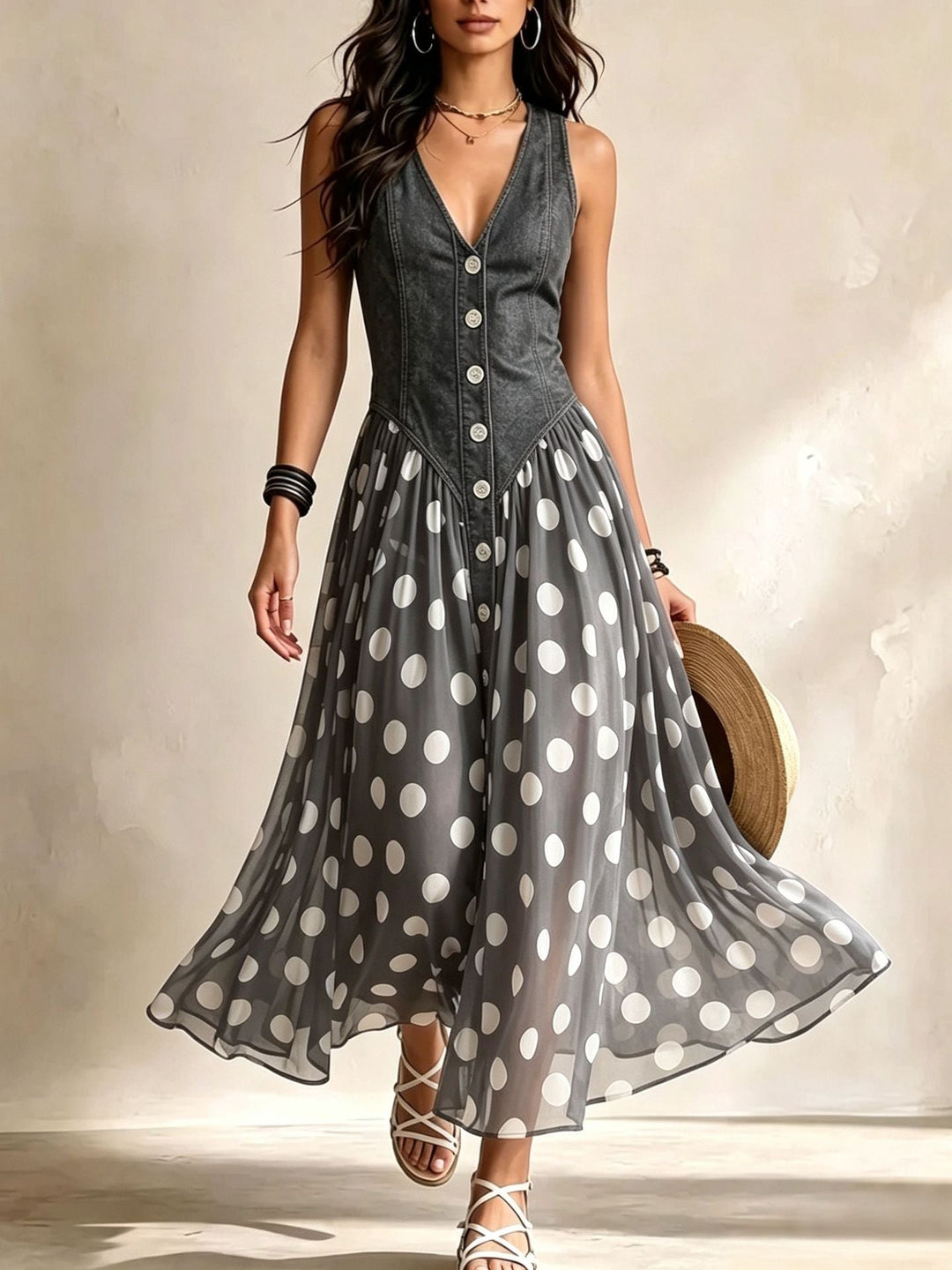 Adeline - Long Denim Polka Dot Dress