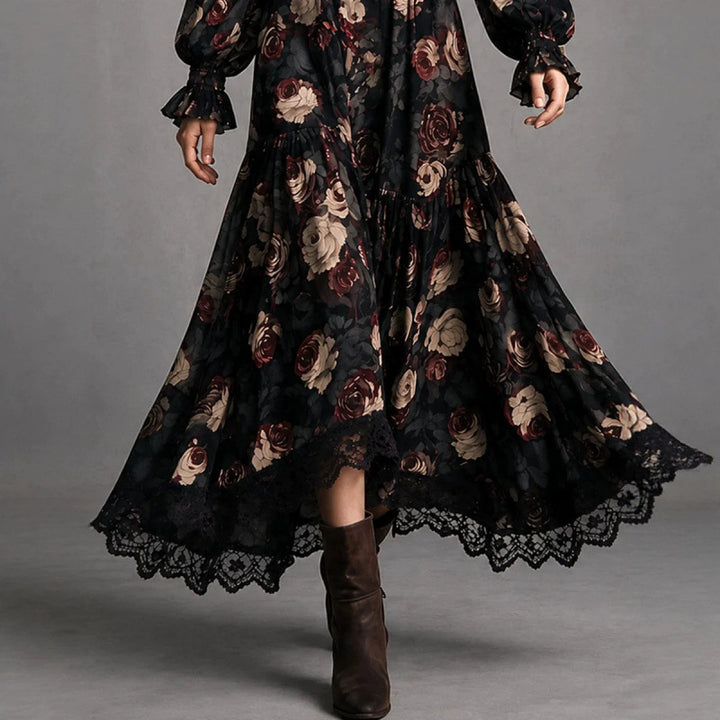 Rosabel | Rose Print Lace-Trim Wrap Maxi Dress