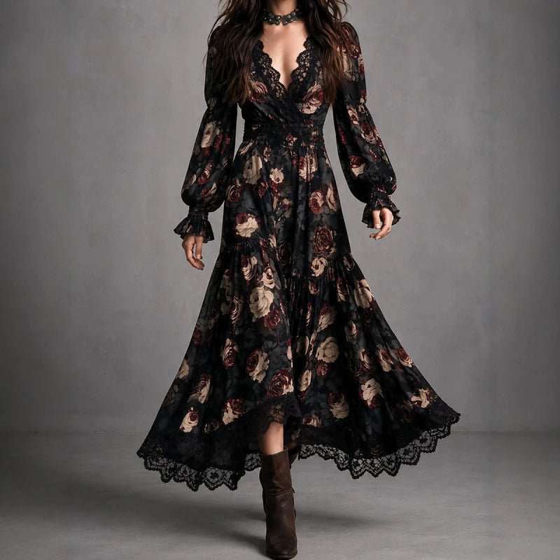 Rosabel | Rose Print Lace-Trim Wrap Maxi Dress