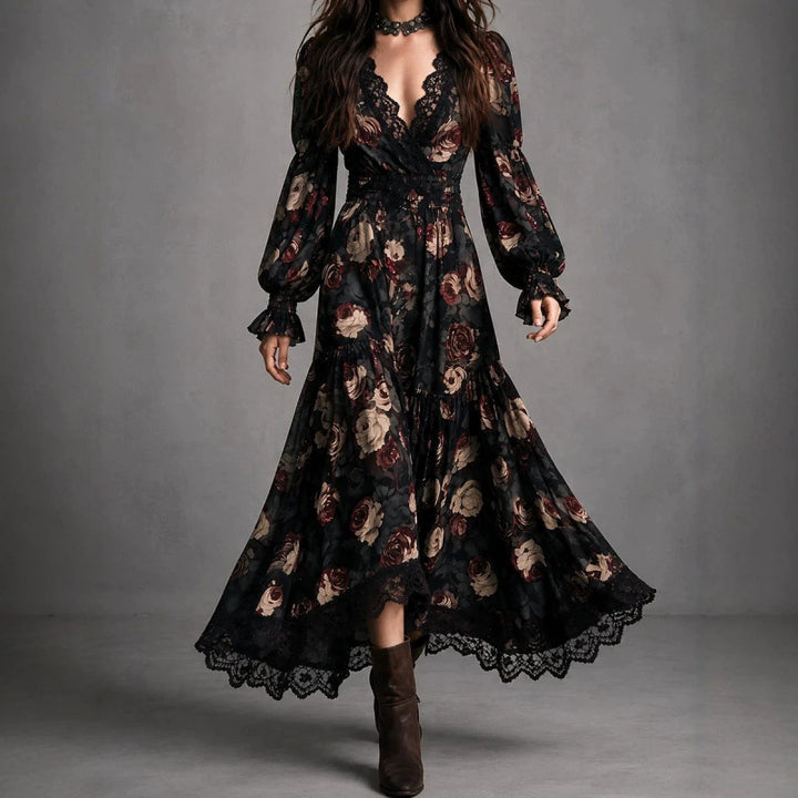 Rosabel | Rose Print Lace-Trim Wrap Maxi Dress