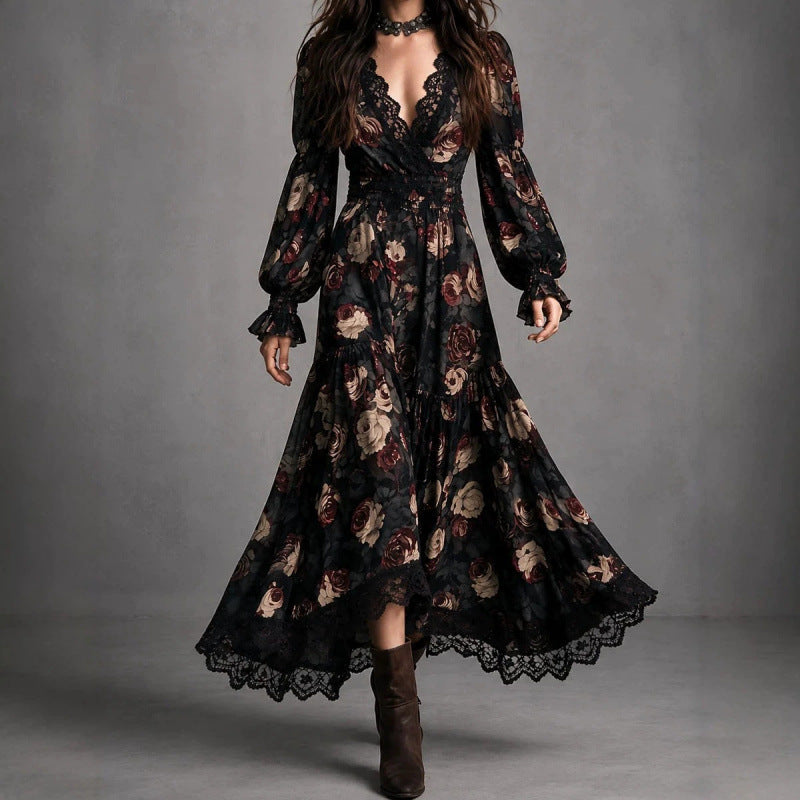 Rosabel | Rose Print Lace-Trim Wrap Maxi Dress