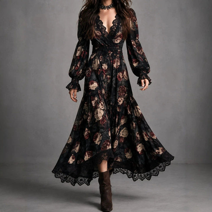 Rosabel | Rose Print Lace-Trim Wrap Maxi Dress