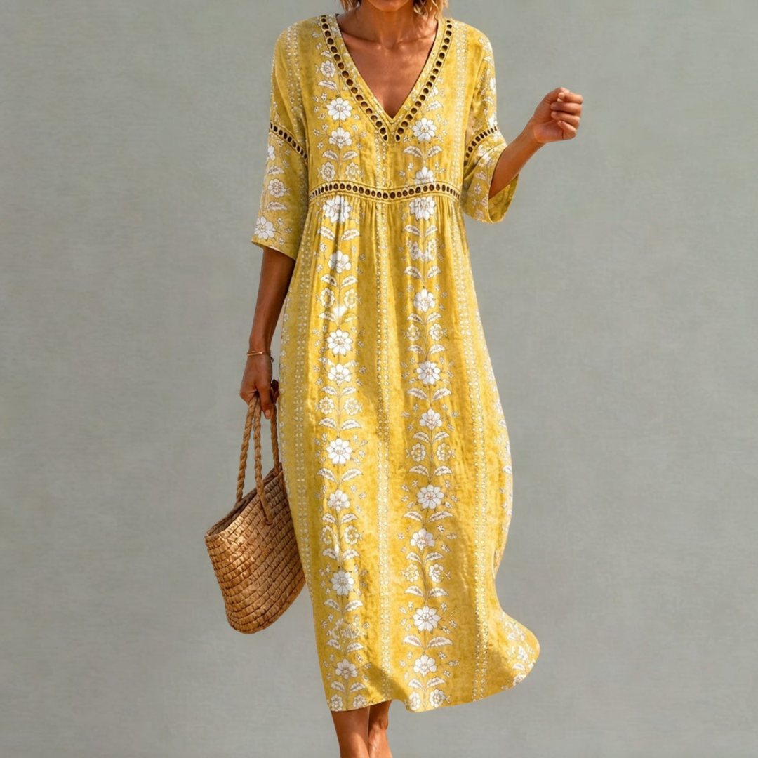 Amber - Soft Yellow Floral Midi Dress