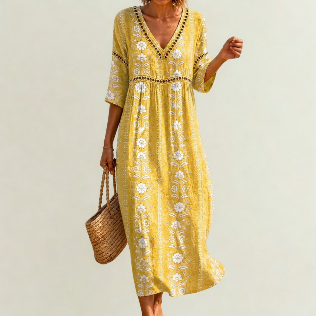 Amber - Soft Yellow Floral Midi Dress