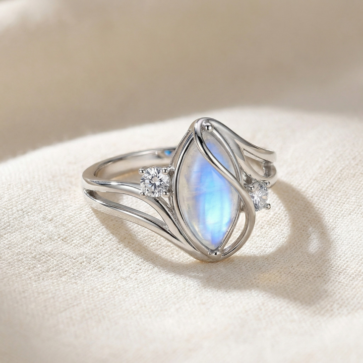 Lunara – Flowing Moonstone Ring with Crystal Accents