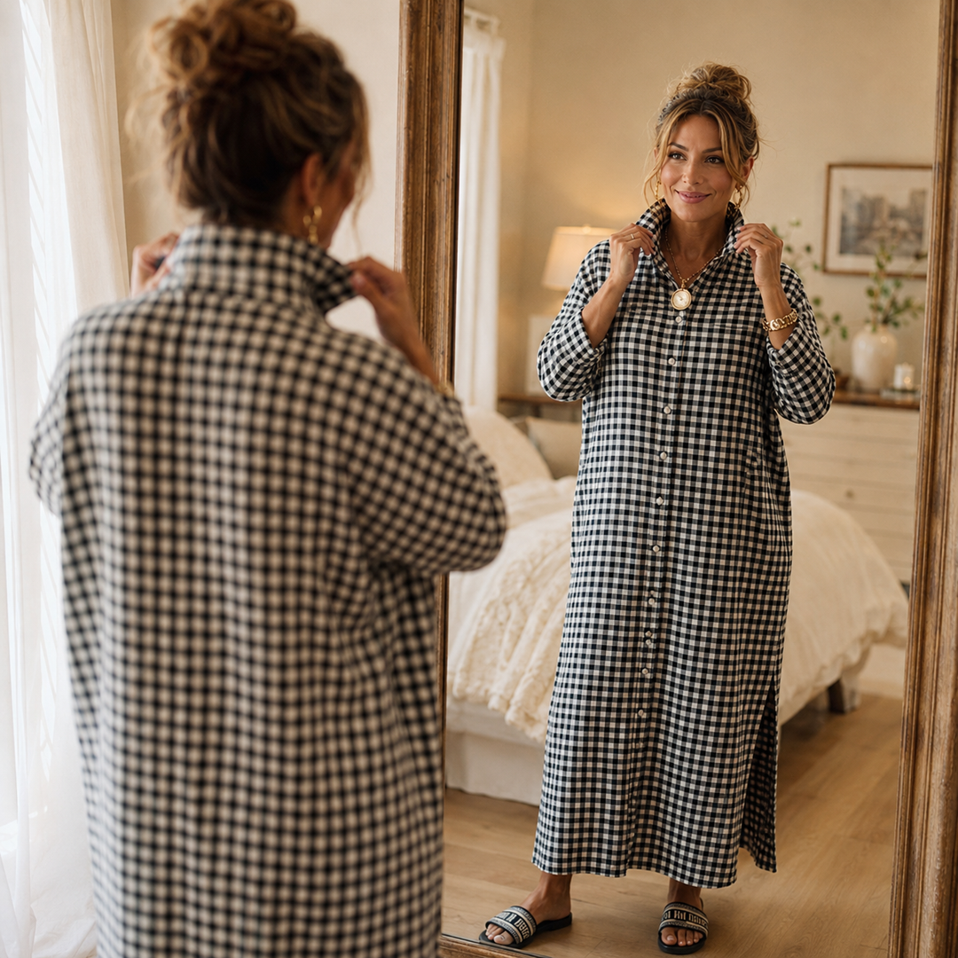Harlowe™ – Gingham Button-Front Maxi Shirt Dress with Side Slits