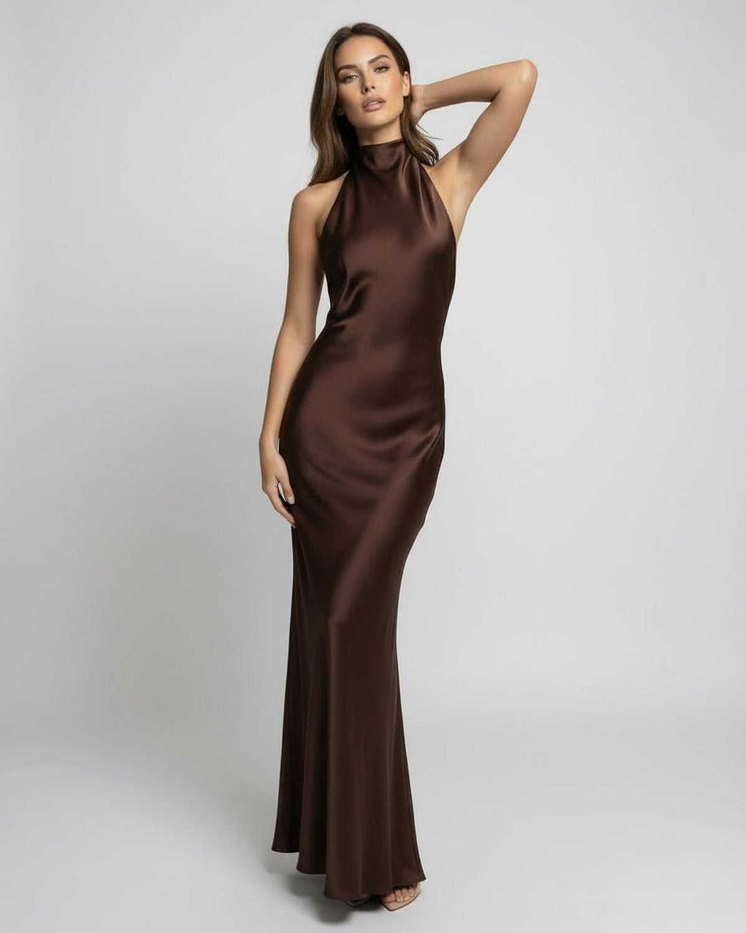 Medora | Elegant Chocolate Brown Halter Maxi Dress