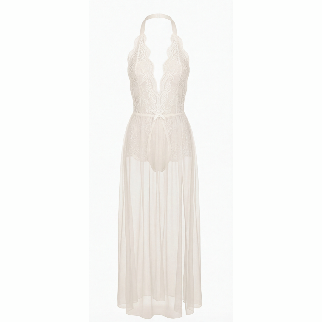 Velaire – Scalloped Lace Bodysuit with Sheer Mesh Train