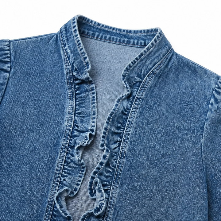 Maelyn – Ruffle-trim open-front denim jacket