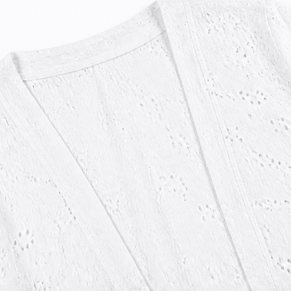 Veluna – Lightweight Eyelet Open-Front Cardigan for Women, 3/4 Sleeve Ruffle Hem Summer Layer
