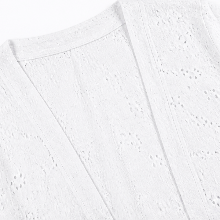 Veluna – Lightweight Eyelet Open-Front Cardigan for Women, 3/4 Sleeve Ruffle Hem Summer Layer