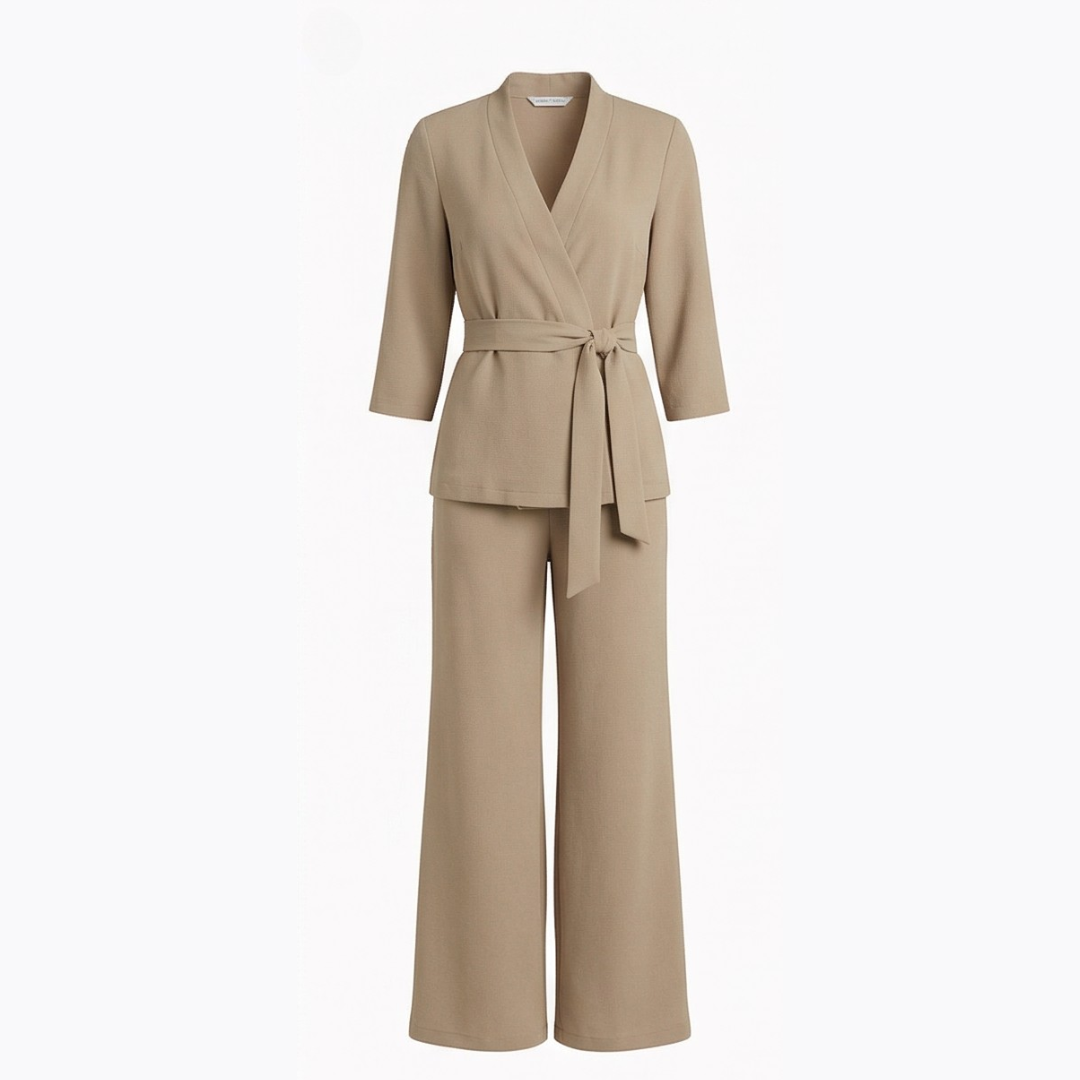 Ellara – Wrap Tie Blazer &amp; Wide Leg Pants Set