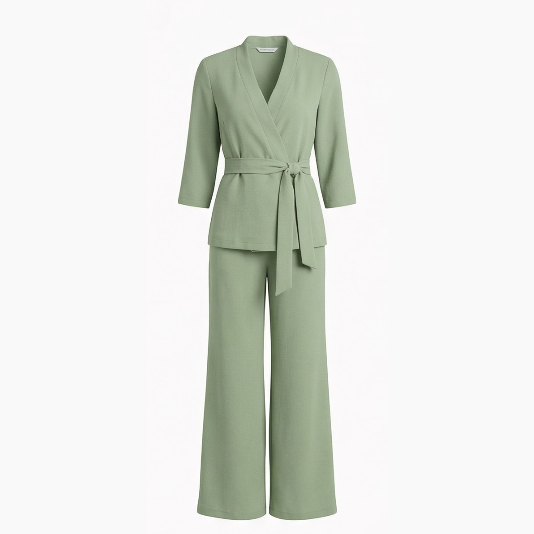 Ellara – Wrap Tie Blazer &amp; Wide Leg Pants Set