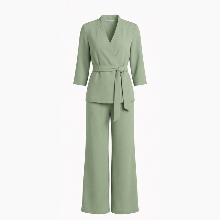 Ellara – Wrap Tie Blazer &amp; Wide Leg Pants Set