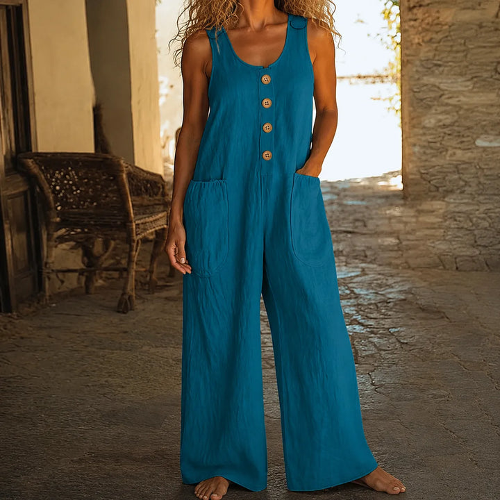 Soliva – Sleeveless Wide-Leg Cotton Jumpsuit with Pockets and Buttons