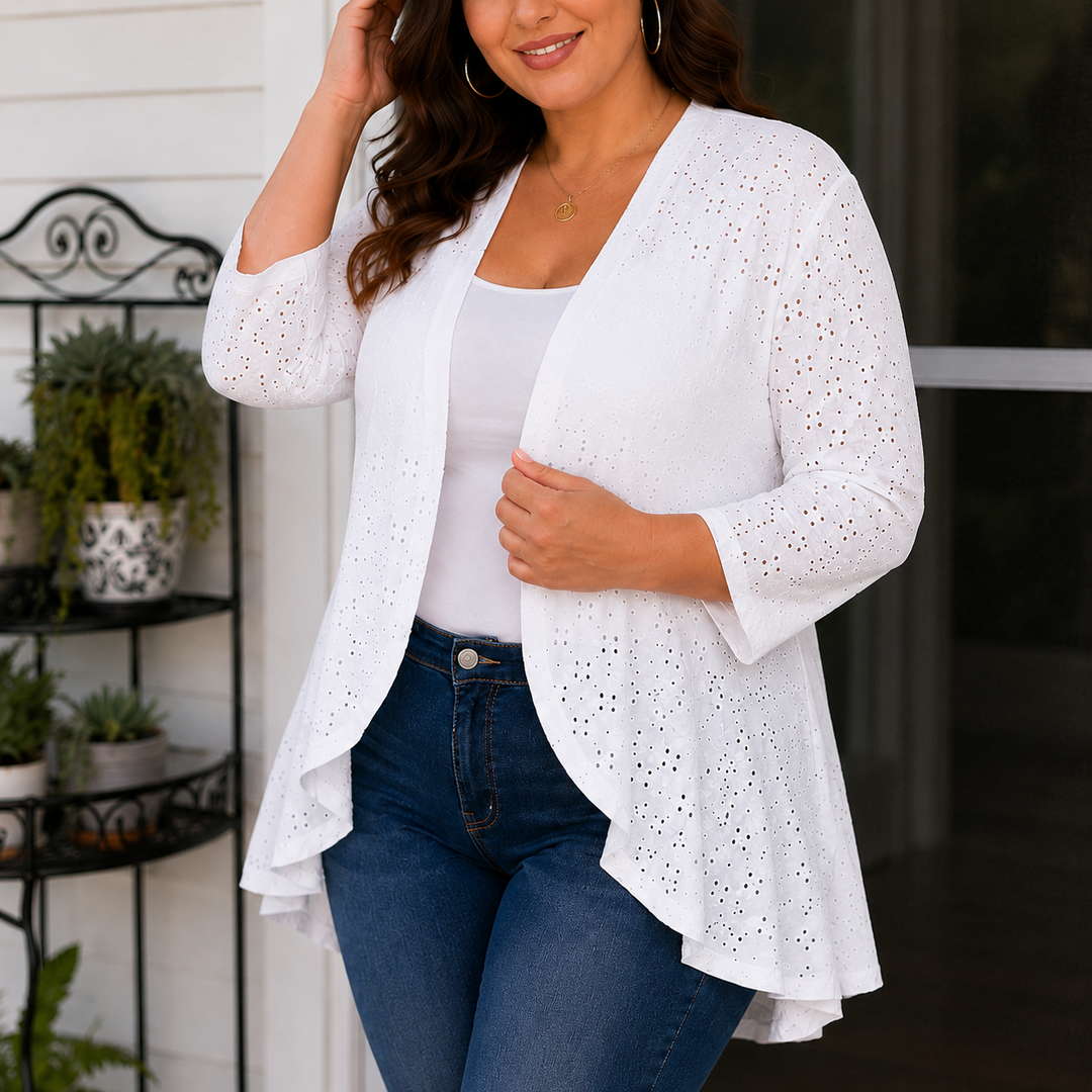 Veluna – Lightweight Eyelet Open-Front Cardigan for Women, 3/4 Sleeve Ruffle Hem Summer Layer