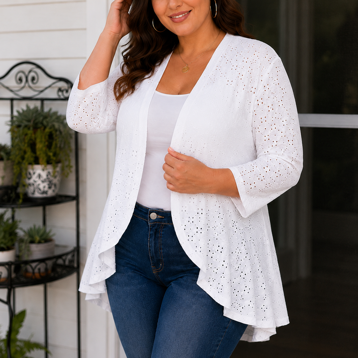 Veluna – Lightweight Eyelet Open-Front Cardigan for Women, 3/4 Sleeve Ruffle Hem Summer Layer