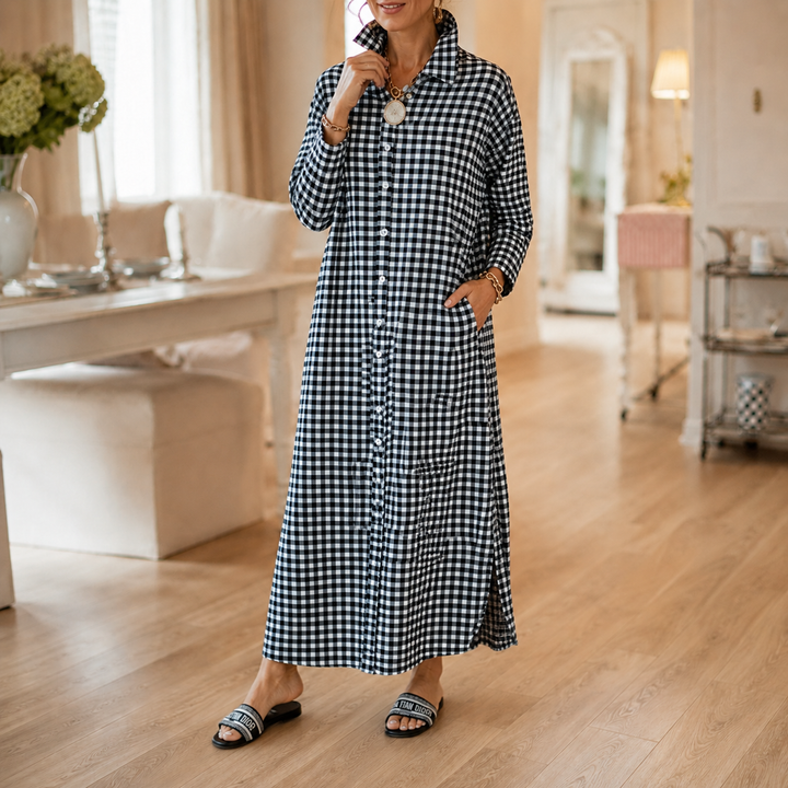 Harlowe™ – Gingham Button-Front Maxi Shirt Dress with Side Slits