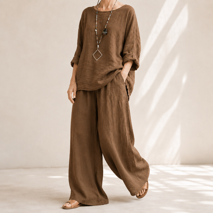 Lunavia™ – Oversized Cotton-Linen Two-Piece Set with Wide-Leg Pants