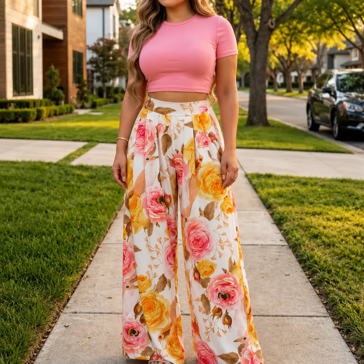 Florenza – Fitted Crop Top &amp; Wide Leg Pants Two Piece Set for Women