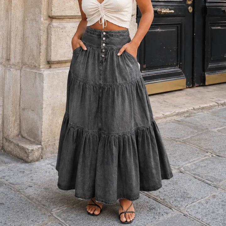 Romella – High Waisted Tiered A-Line Denim Maxi Skirt for Women
