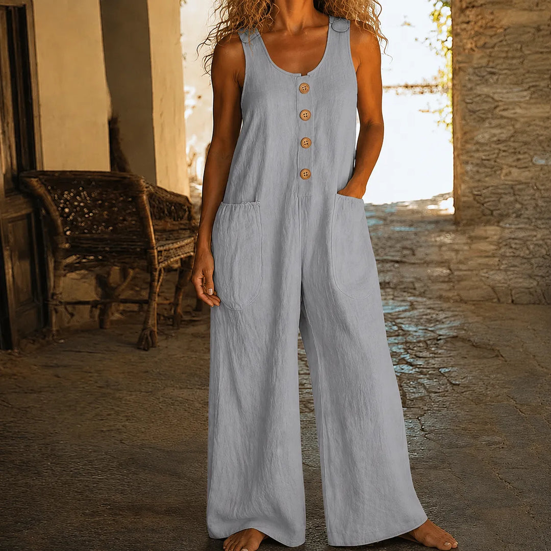 Soliva – Sleeveless Wide-Leg Cotton Jumpsuit with Pockets and Buttons