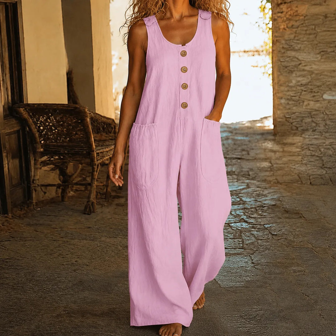 Soliva – Sleeveless Wide-Leg Cotton Jumpsuit with Pockets and Buttons